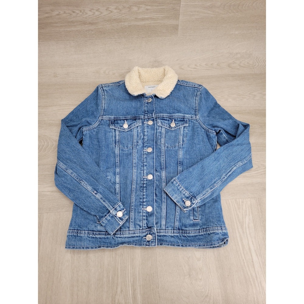 Old Navy Sherpa Lined Denim Jacket Women's M Blue Button Front Trucker Coat